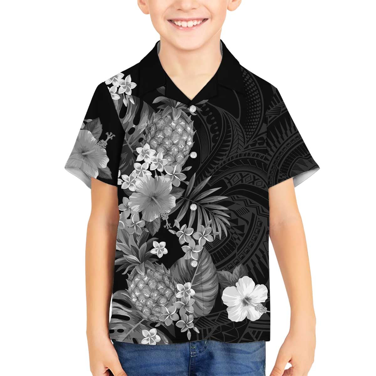 Hawaii Pineapple Tropical Family Matching Off The Shoulder Long Sleeve Dress and Hawaiian Shirt Neutral Hibiscus Plumeria LT01 Son's Shirt Black - Polynesian Pride