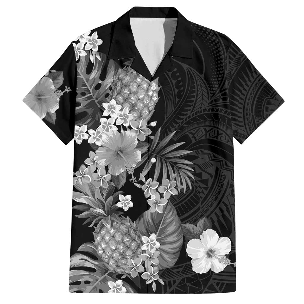 Hawaii Pineapple Tropical Family Matching Off Shoulder Maxi Dress and Hawaiian Shirt Neutral Hibiscus Plumeria LT01 Dad's Shirt - Short Sleeve Black - Polynesian Pride