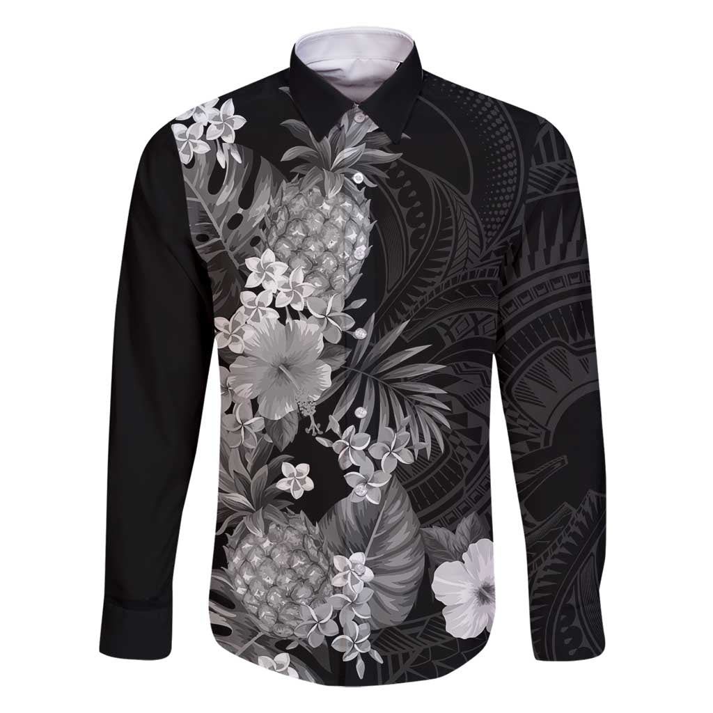Hawaii Pineapple Tropical Family Matching Off Shoulder Maxi Dress and Hawaiian Shirt Neutral Hibiscus Plumeria LT01 Dad's Shirt - Long Sleeve Black - Polynesian Pride