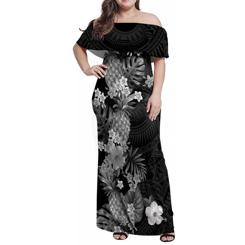 Hawaii Pineapple Tropical Family Matching Off Shoulder Maxi Dress and Hawaiian Shirt Neutral Hibiscus Plumeria LT01 Mom's Dress Black - Polynesian Pride