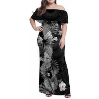Hawaii Pineapple Tropical Family Matching Off Shoulder Maxi Dress and Hawaiian Shirt Neutral Hibiscus Plumeria LT01 Mom's Dress Black - Polynesian Pride