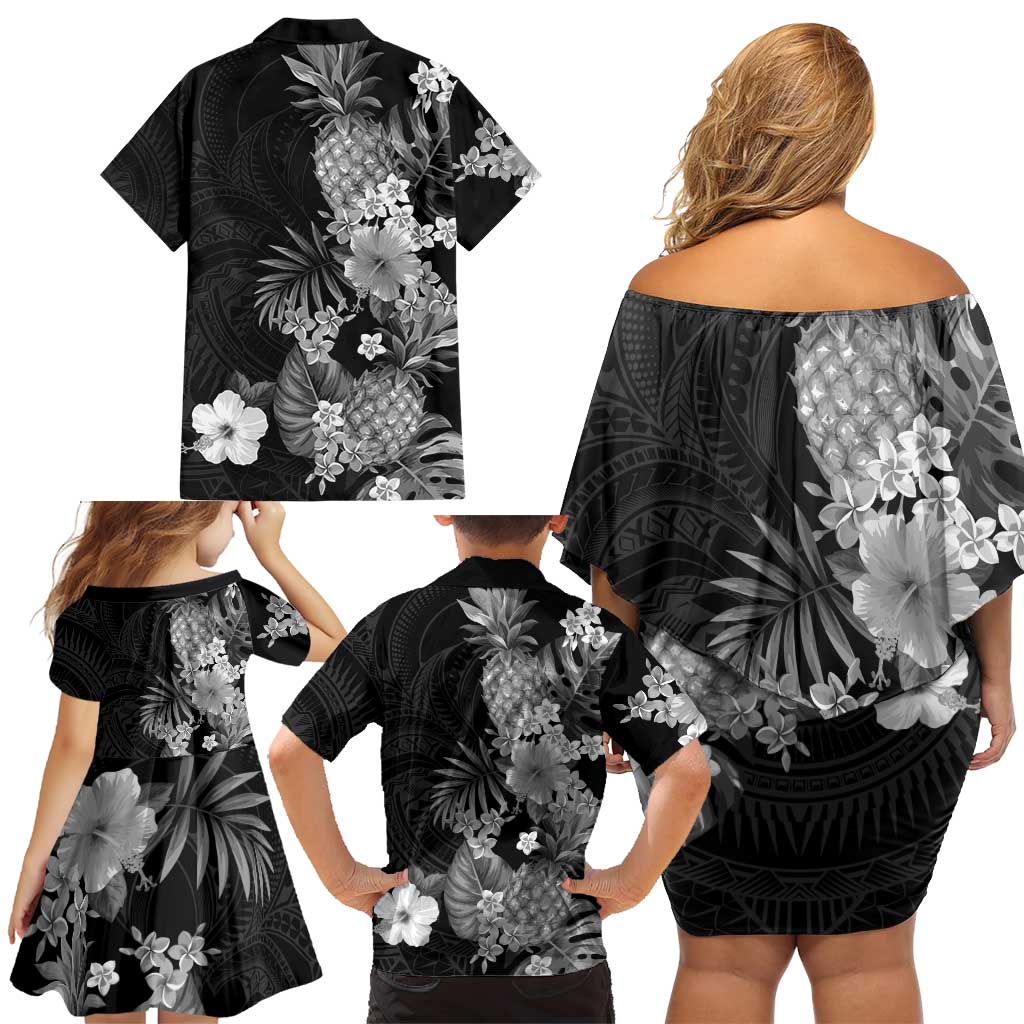 Hawaii Pineapple Tropical Family Matching Off Shoulder Short Dress and Hawaiian Shirt Neutral Hibiscus Plumeria LT01 - Polynesian Pride