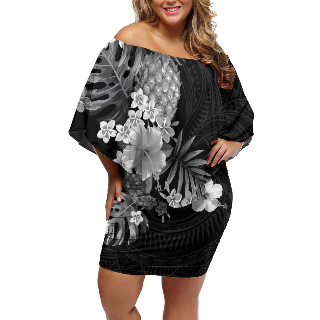 Hawaii Pineapple Tropical Family Matching Off Shoulder Short Dress and Hawaiian Shirt Neutral Hibiscus Plumeria LT01 Mom's Dress Black - Polynesian Pride