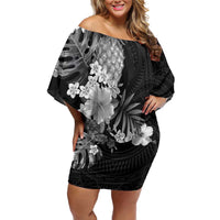 Hawaii Pineapple Tropical Family Matching Off Shoulder Short Dress and Hawaiian Shirt Neutral Hibiscus Plumeria LT01 Mom's Dress Black - Polynesian Pride