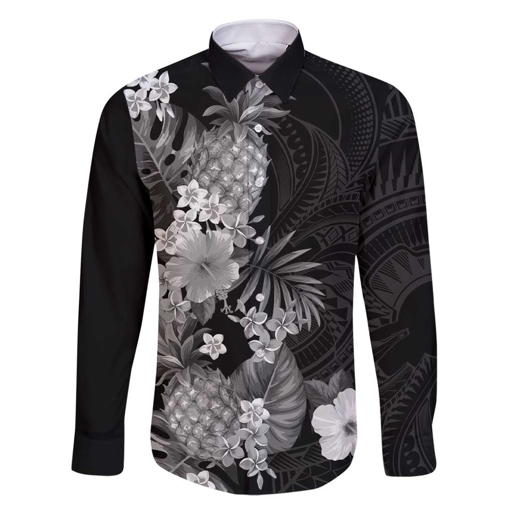 Hawaii Pineapple Tropical Family Matching Short Sleeve Bodycon Dress and Hawaiian Shirt Neutral Hibiscus Plumeria LT01 Dad's Shirt - Long Sleeve Black - Polynesian Pride