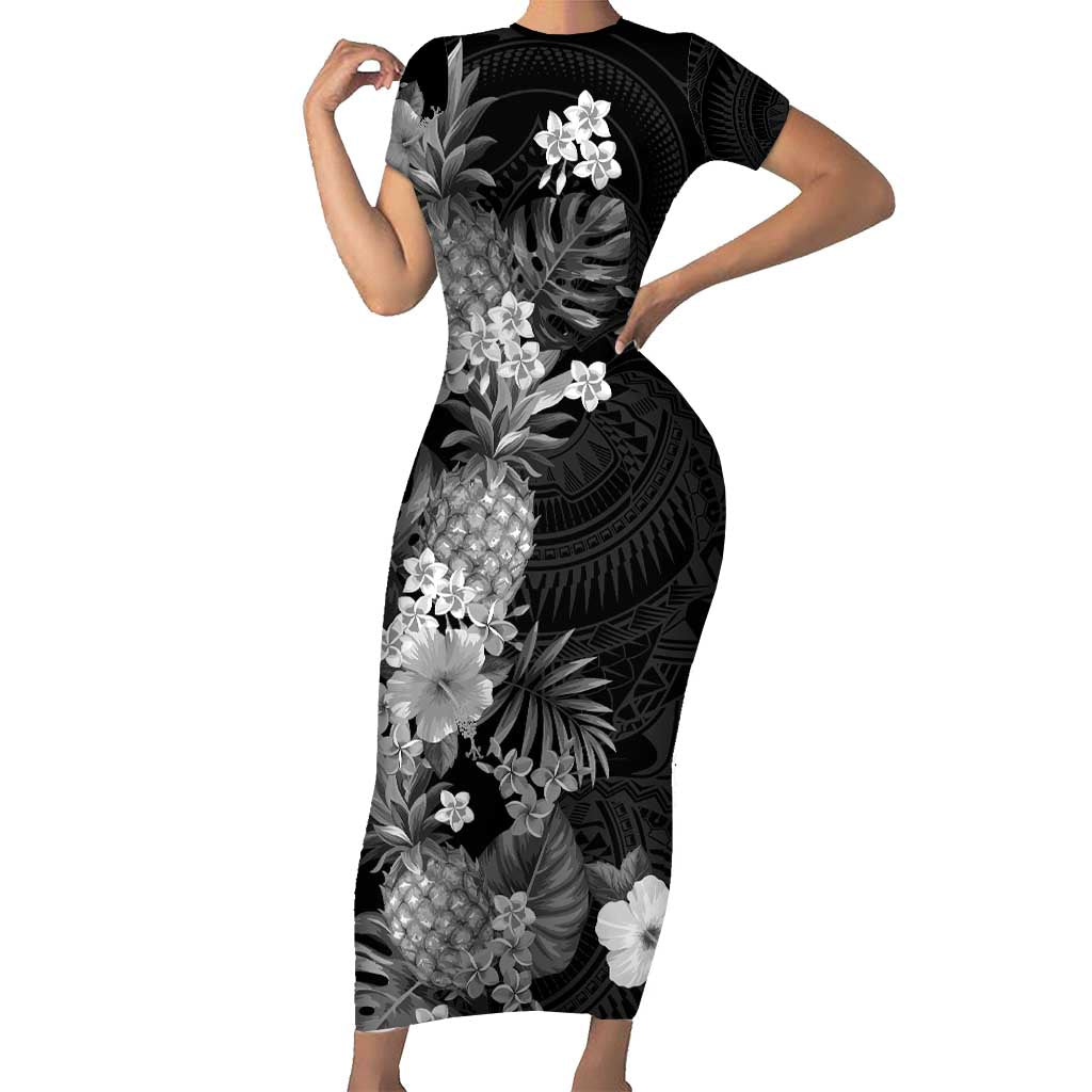 Hawaii Pineapple Tropical Family Matching Short Sleeve Bodycon Dress and Hawaiian Shirt Neutral Hibiscus Plumeria LT01 Mom's Dress Black - Polynesian Pride