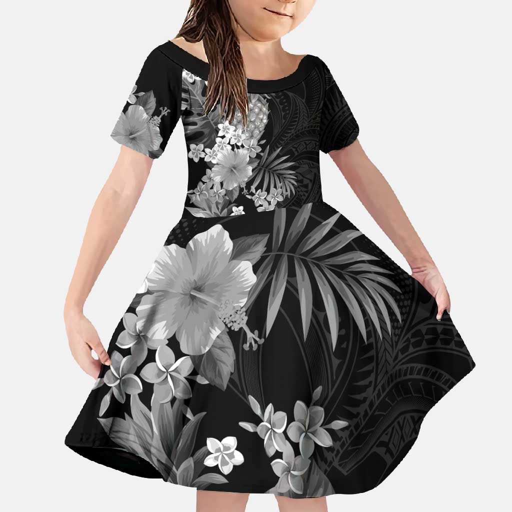 Hawaii Pineapple Tropical Family Matching Tank Maxi Dress and Hawaiian Shirt Neutral Hibiscus Plumeria LT01 Daughter's Dress Black - Polynesian Pride