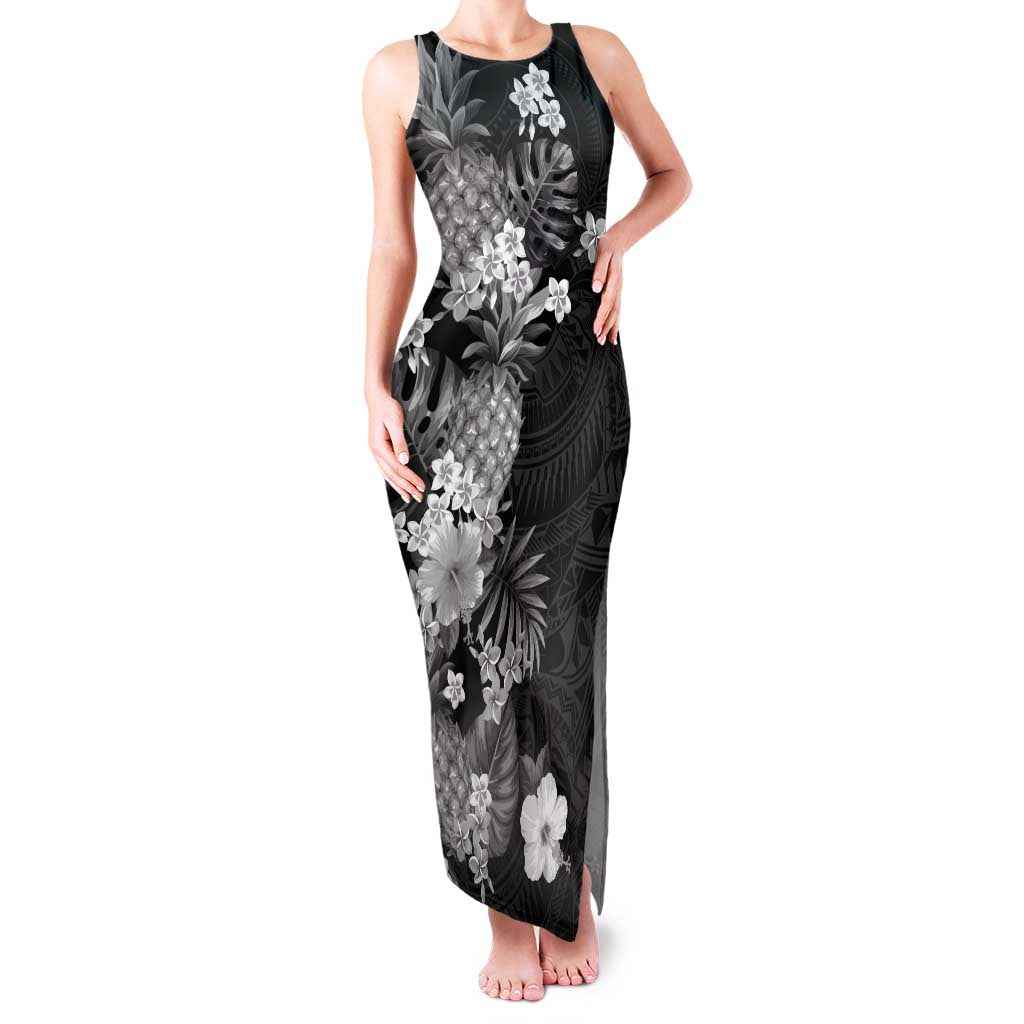 Hawaii Pineapple Tropical Family Matching Tank Maxi Dress and Hawaiian Shirt Neutral Hibiscus Plumeria LT01 Mom's Dress Black - Polynesian Pride