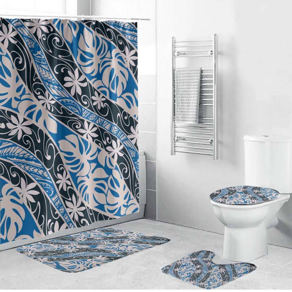 Ninamu Tahiti Tiare Monstera Bathroom Set Polynesian Pattern Curve Style LT01 Bathroom Set (4 pcs) Blue - Polynesian Pride