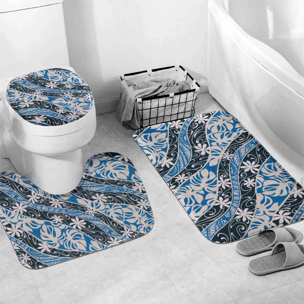 Ninamu Tahiti Tiare Monstera Bathroom Set Polynesian Pattern Curve Style LT01 Mat Set Only (3 pcs) One Size Blue - Polynesian Pride