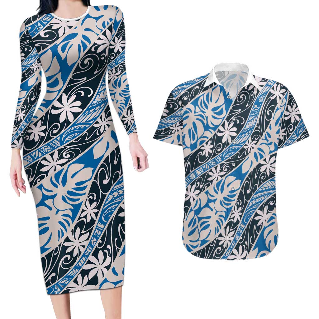 Ninamu Tahiti Tiare Monstera Couples Matching Long Sleeve Bodycon Dress and Hawaiian Shirt Polynesian Pattern Curve Style - Polynesian Pride
