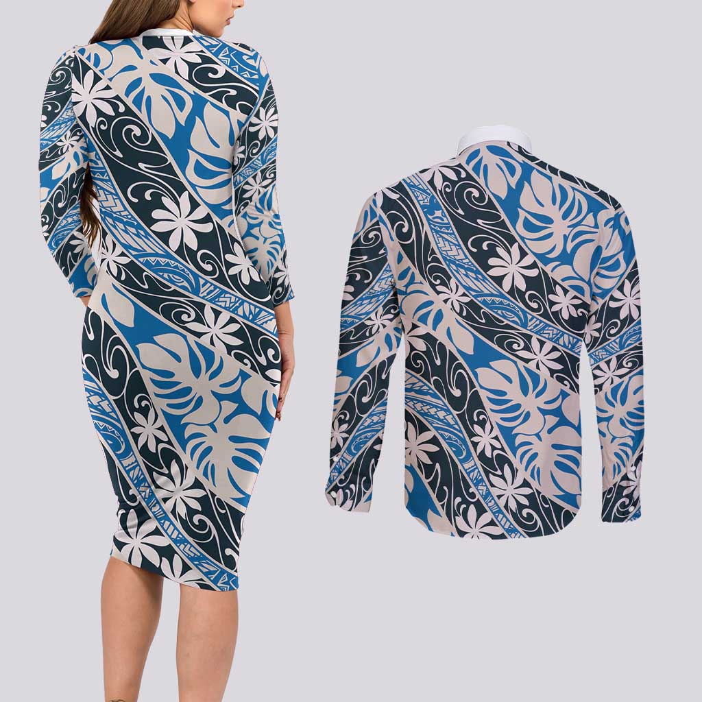 Ninamu Tahiti Tiare Monstera Couples Matching Long Sleeve Bodycon Dress and Long Sleeve Button Shirt Polynesian Pattern Curve Style - Polynesian Pride