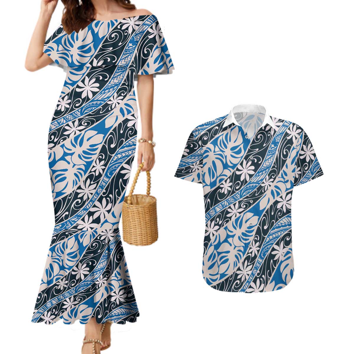 Ninamu Tahiti Tiare Monstera Couples Matching Mermaid Dress and Hawaiian Shirt Polynesian Pattern Curve Style - Polynesian Pride