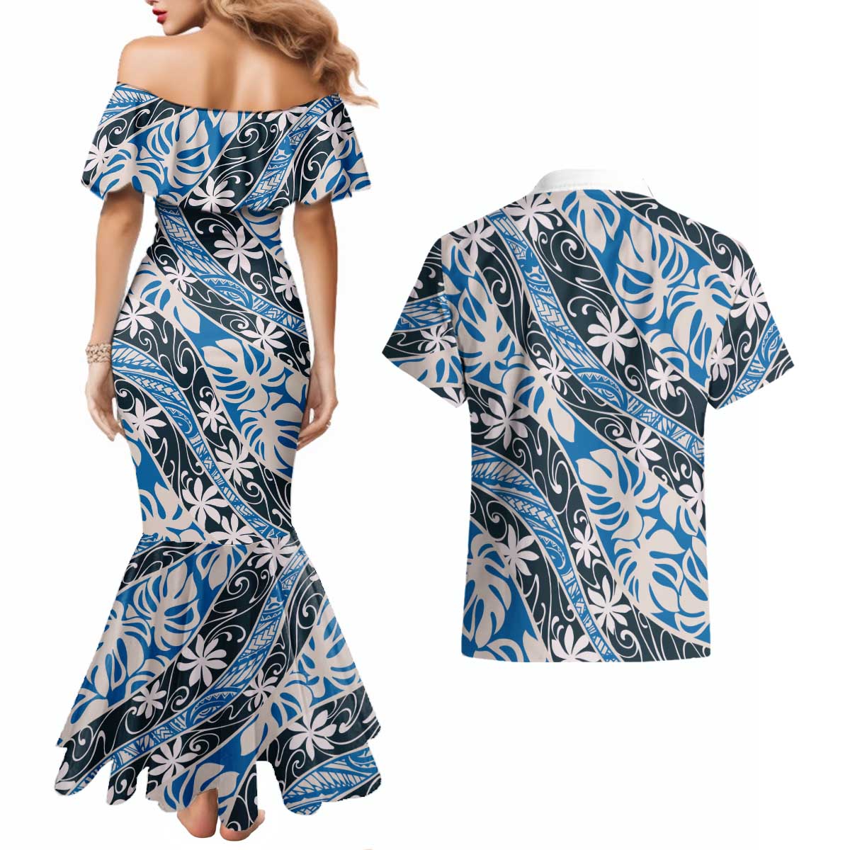 Ninamu Tahiti Tiare Monstera Couples Matching Mermaid Dress and Hawaiian Shirt Polynesian Pattern Curve Style - Polynesian Pride