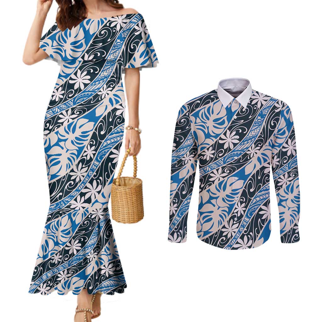 Ninamu Tahiti Tiare Monstera Couples Matching Mermaid Dress and Long Sleeve Button Shirt Polynesian Pattern Curve Style - Polynesian Pride