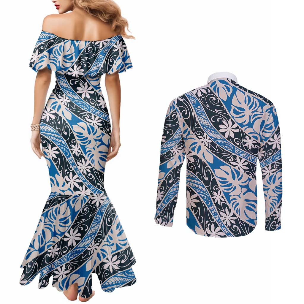Ninamu Tahiti Tiare Monstera Couples Matching Mermaid Dress and Long Sleeve Button Shirt Polynesian Pattern Curve Style - Polynesian Pride