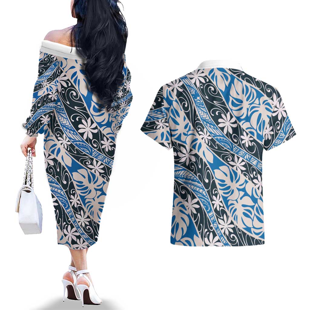 Ninamu Tahiti Tiare Monstera Couples Matching Off The Shoulder Long Sleeve Dress and Hawaiian Shirt Polynesian Pattern Curve Style - Polynesian Pride
