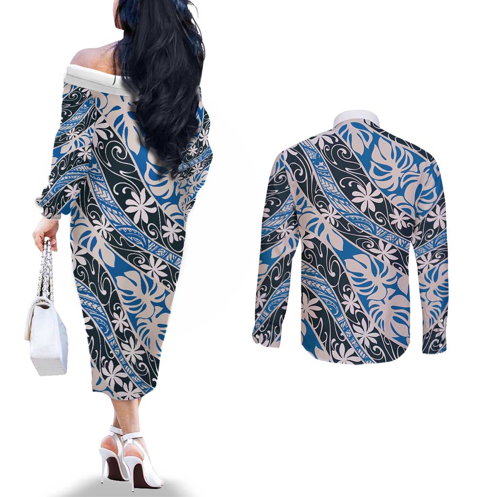 Ninamu Tahiti Tiare Monstera Couples Matching Off The Shoulder Long Sleeve Dress and Long Sleeve Button Shirt Polynesian Pattern Curve Style - Polynesian Pride