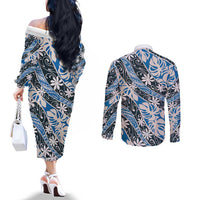 Ninamu Tahiti Tiare Monstera Couples Matching Off The Shoulder Long Sleeve Dress and Long Sleeve Button Shirt Polynesian Pattern Curve Style - Polynesian Pride