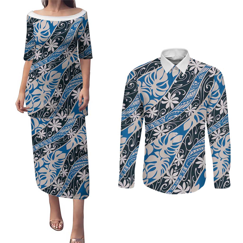 Ninamu Tahiti Tiare Monstera Couples Matching Puletasi and Long Sleeve Button Shirt Polynesian Pattern Curve Style - Polynesian Pride