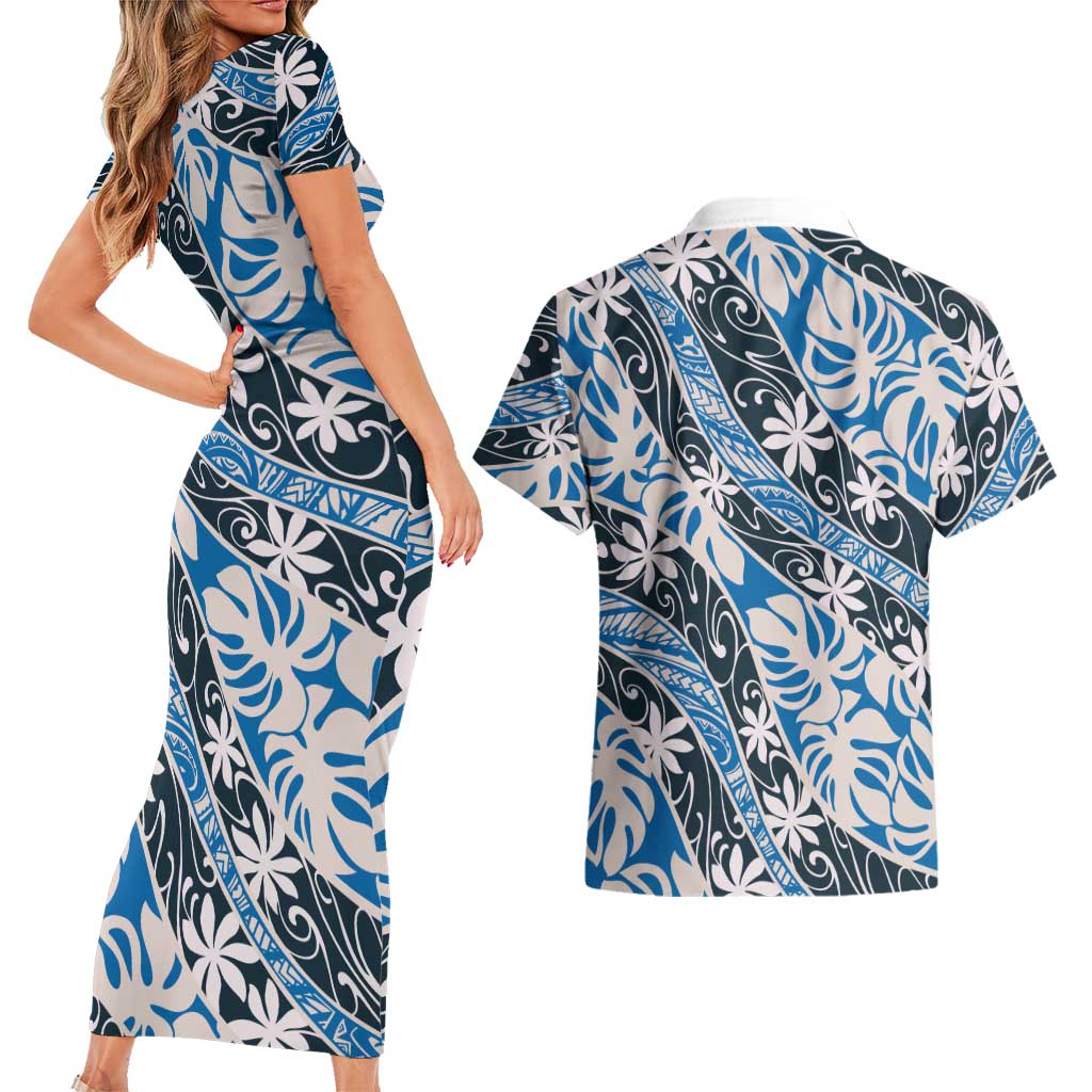Ninamu Tahiti Tiare Monstera Couples Matching Short Sleeve Bodycon Dress and Hawaiian Shirt Polynesian Pattern Curve Style - Polynesian Pride