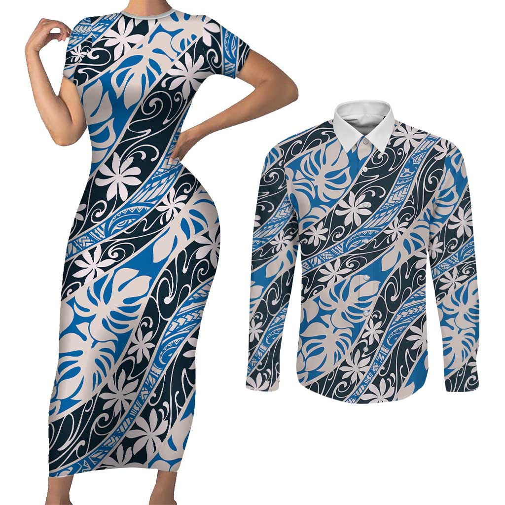 Ninamu Tahiti Tiare Monstera Couples Matching Short Sleeve Bodycon Dress and Long Sleeve Button Shirt Polynesian Pattern Curve Style - Polynesian Pride