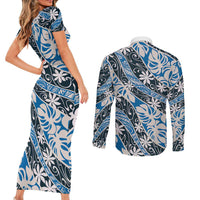 Ninamu Tahiti Tiare Monstera Couples Matching Short Sleeve Bodycon Dress and Long Sleeve Button Shirt Polynesian Pattern Curve Style - Polynesian Pride