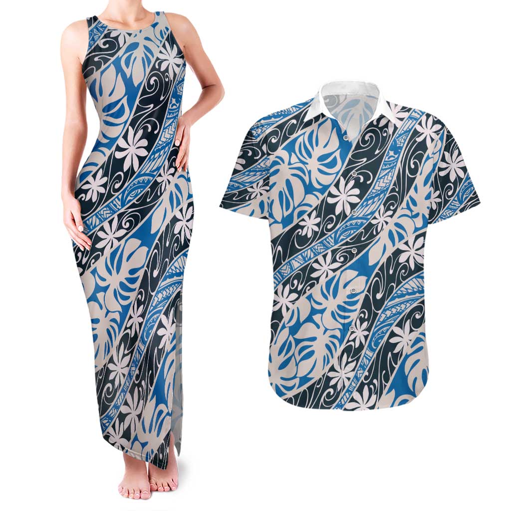 Ninamu Tahiti Tiare Monstera Couples Matching Tank Maxi Dress and Hawaiian Shirt Polynesian Pattern Curve Style - Polynesian Pride