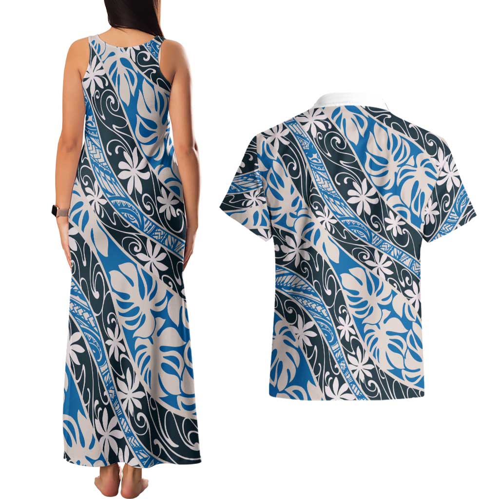 Ninamu Tahiti Tiare Monstera Couples Matching Tank Maxi Dress and Hawaiian Shirt Polynesian Pattern Curve Style - Polynesian Pride