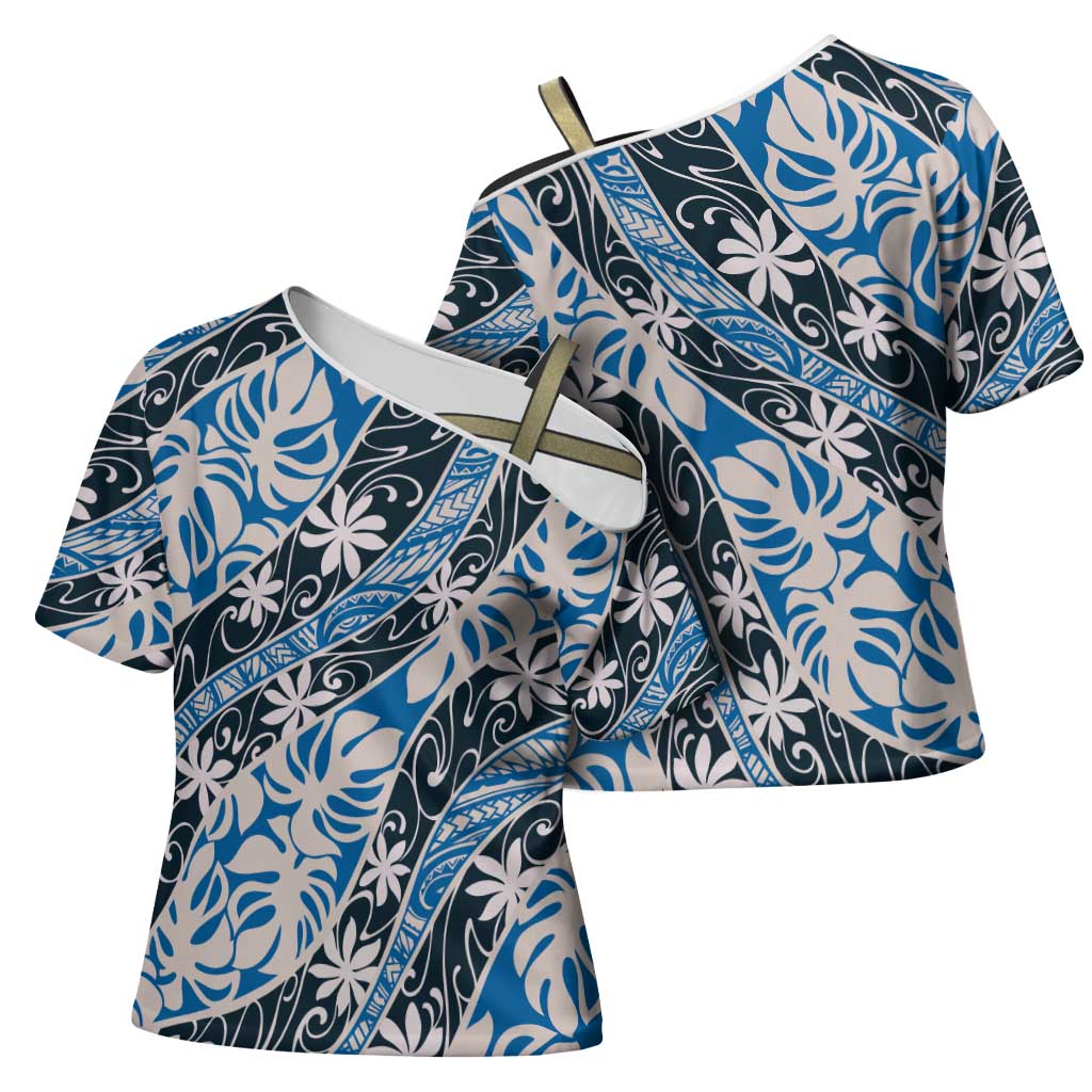 Ninamu Tahiti Tiare Monstera Cross Shoulder Shirt Polynesian Pattern Curve Style - Polynesian Pride