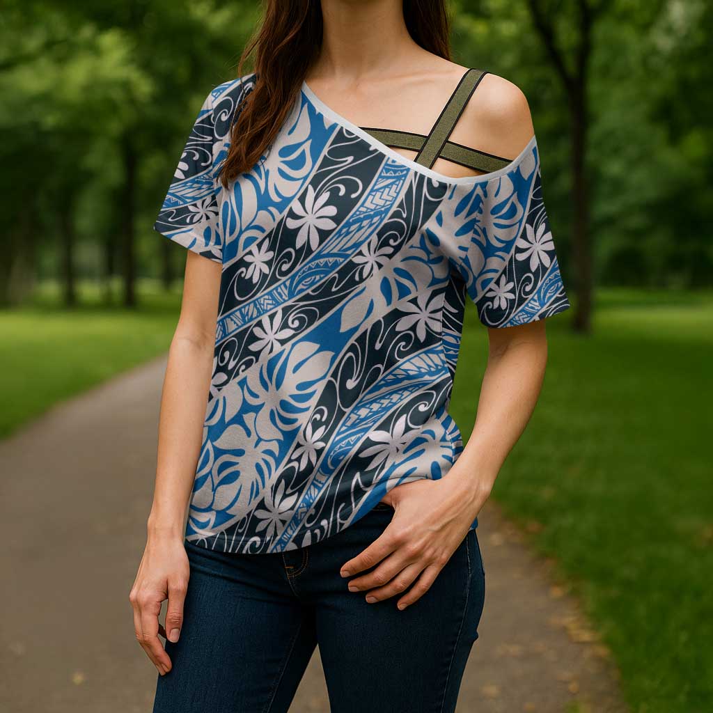 Ninamu Tahiti Tiare Monstera Cross Shoulder Shirt Polynesian Pattern Curve Style - Polynesian Pride