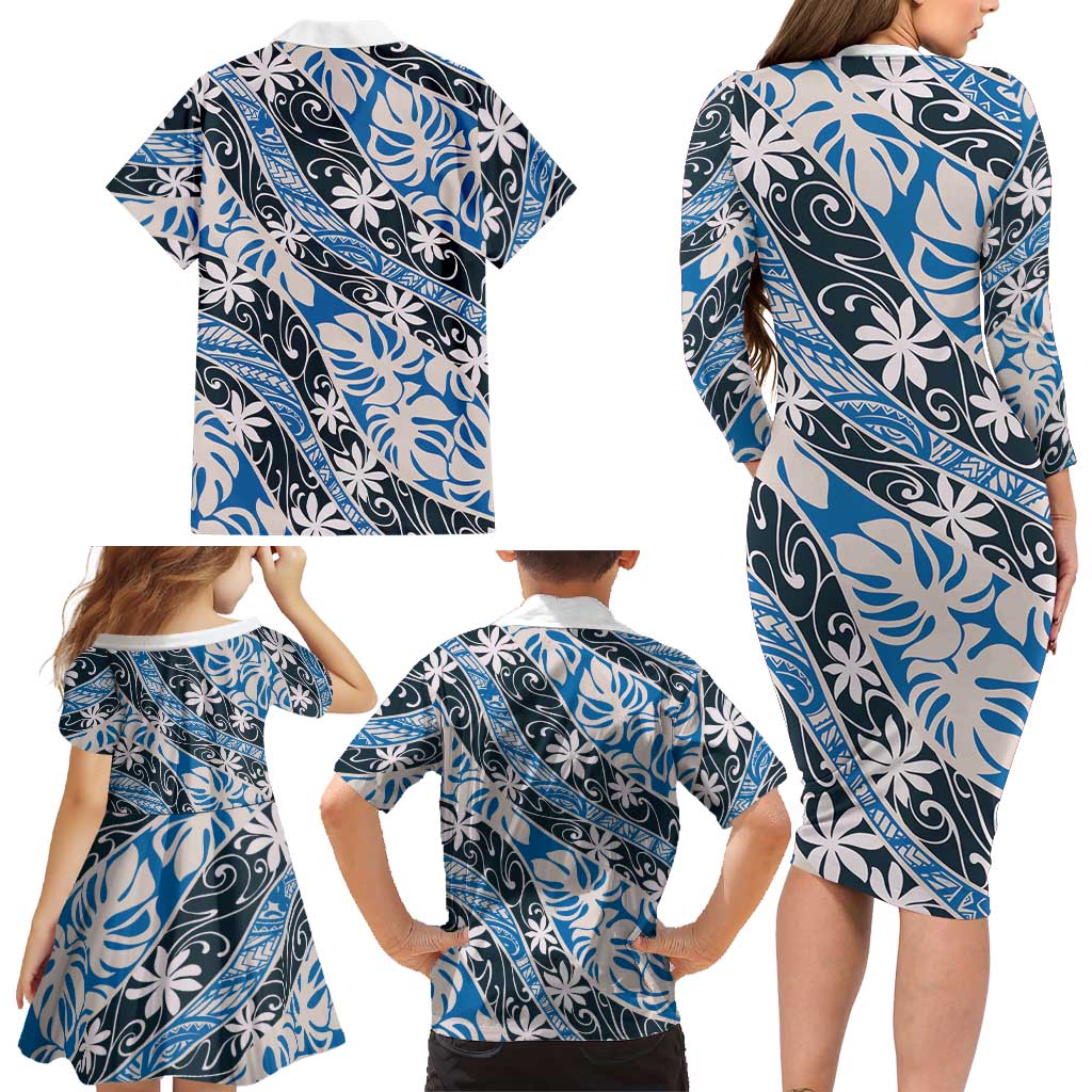 Ninamu Tahiti Tiare Monstera Family Matching Long Sleeve Bodycon Dress and Hawaiian Shirt Polynesian Pattern Curve Style LT01 - Polynesian Pride