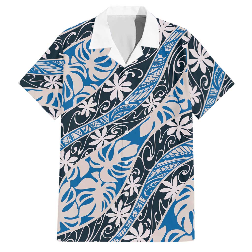 Ninamu Tahiti Tiare Monstera Family Matching Long Sleeve Bodycon Dress and Hawaiian Shirt Polynesian Pattern Curve Style LT01 Dad's Shirt - Short Sleeve Blue - Polynesian Pride