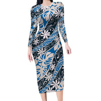 Ninamu Tahiti Tiare Monstera Family Matching Long Sleeve Bodycon Dress and Hawaiian Shirt Polynesian Pattern Curve Style LT01 Mom's Dress Blue - Polynesian Pride