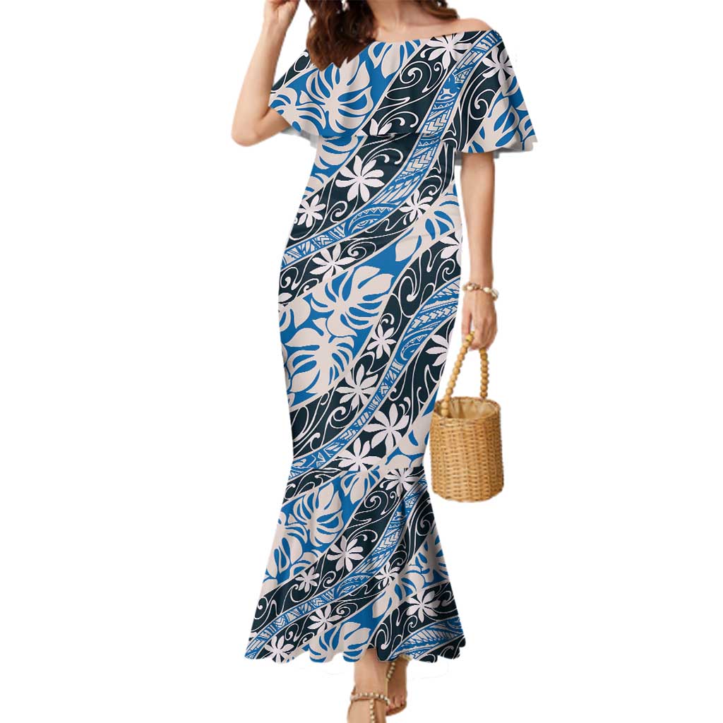 Ninamu Tahiti Tiare Monstera Family Matching Mermaid Dress and Hawaiian Shirt Polynesian Pattern Curve Style LT01 Mom's Dress Blue - Polynesian Pride