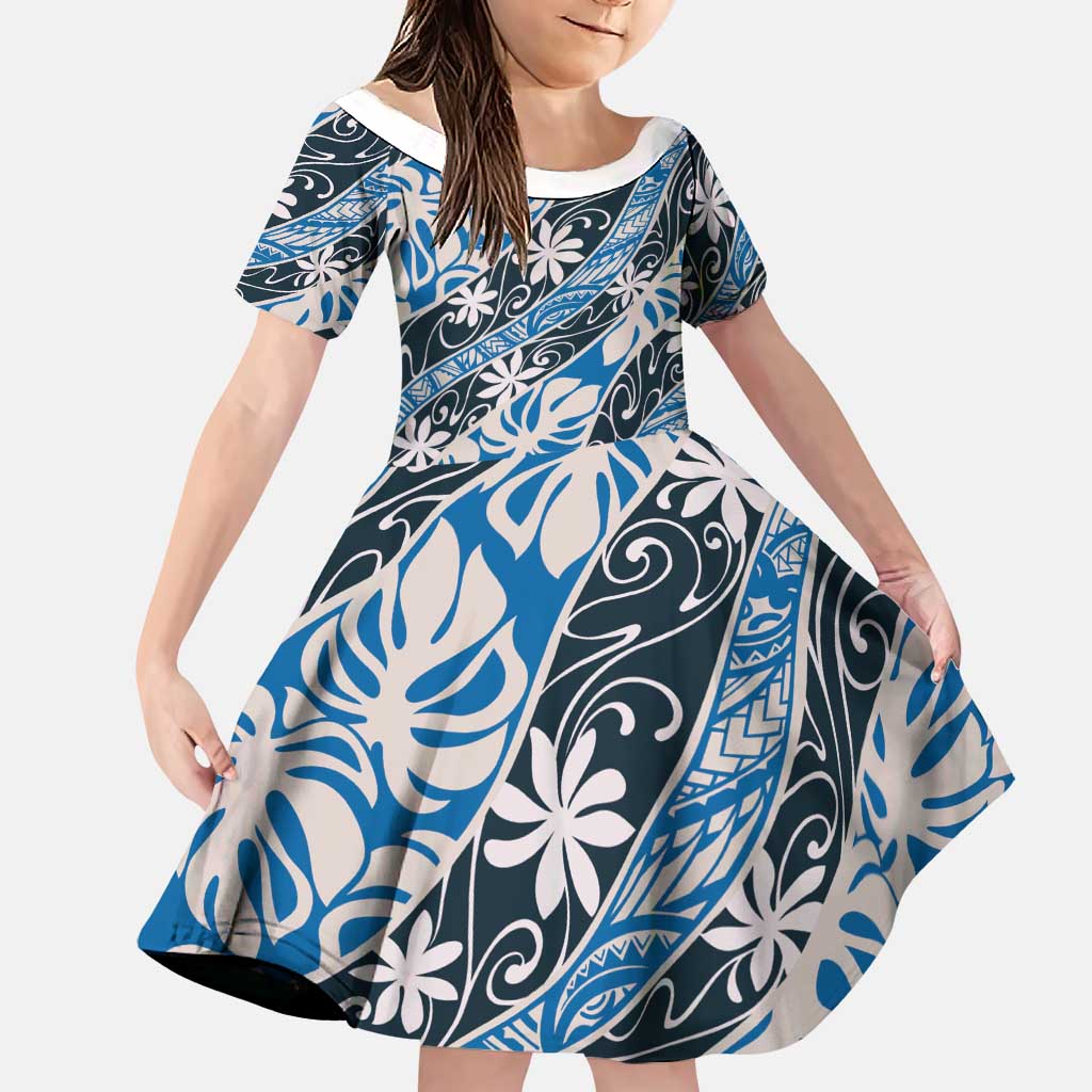 Ninamu Tahiti Tiare Monstera Family Matching Off The Shoulder Long Sleeve Dress and Hawaiian Shirt Polynesian Pattern Curve Style LT01 Daughter's Dress Blue - Polynesian Pride