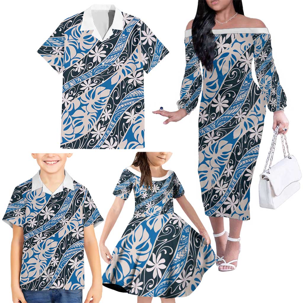 Ninamu Tahiti Tiare Monstera Family Matching Off The Shoulder Long Sleeve Dress and Hawaiian Shirt Polynesian Pattern Curve Style - Polynesian Pride