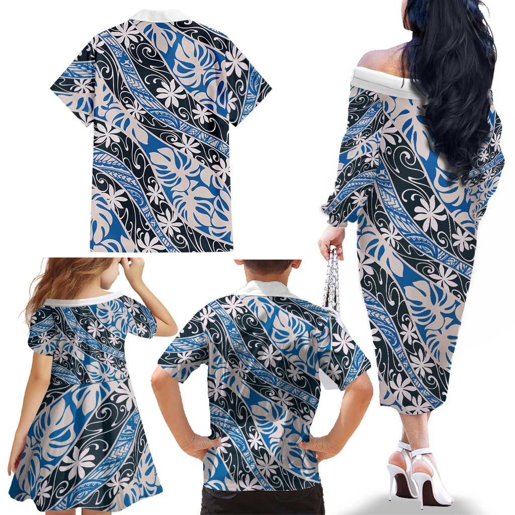 Ninamu Tahiti Tiare Monstera Family Matching Off The Shoulder Long Sleeve Dress and Hawaiian Shirt Polynesian Pattern Curve Style LT01 - Polynesian Pride