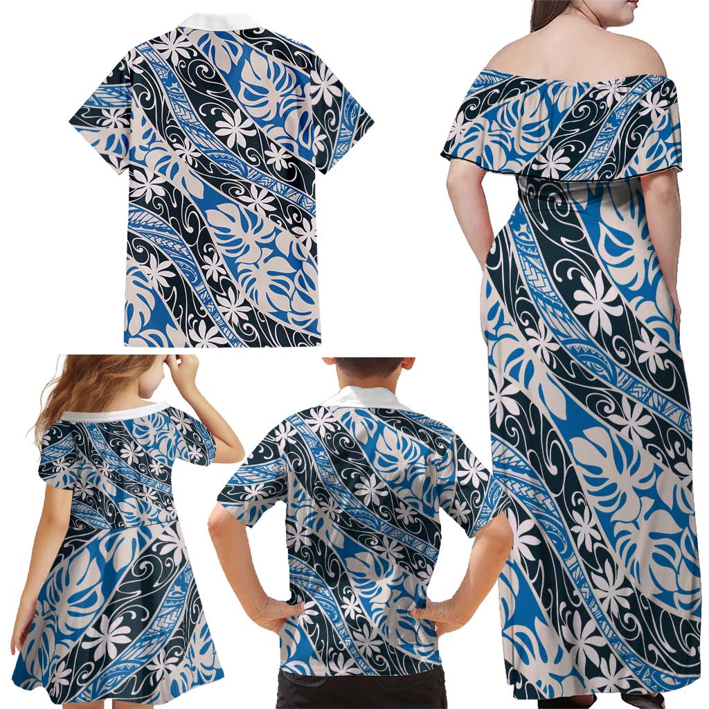 Ninamu Tahiti Tiare Monstera Family Matching Off Shoulder Maxi Dress and Hawaiian Shirt Polynesian Pattern Curve Style - Polynesian Pride