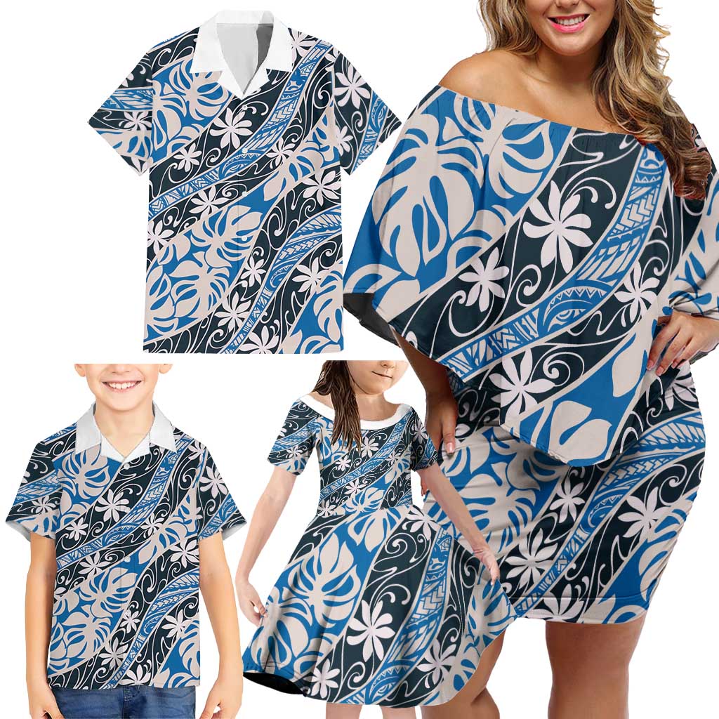 Ninamu Tahiti Tiare Monstera Family Matching Off Shoulder Short Dress and Hawaiian Shirt Polynesian Pattern Curve Style - Polynesian Pride