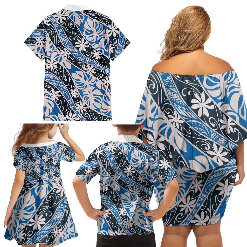 Ninamu Tahiti Tiare Monstera Family Matching Off Shoulder Short Dress and Hawaiian Shirt Polynesian Pattern Curve Style - Polynesian Pride