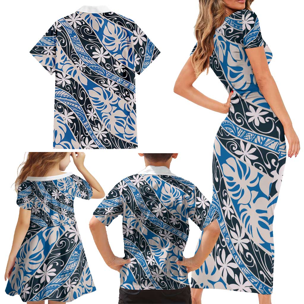 Ninamu Tahiti Tiare Monstera Family Matching Short Sleeve Bodycon Dress and Hawaiian Shirt Polynesian Pattern Curve Style LT01 - Polynesian Pride