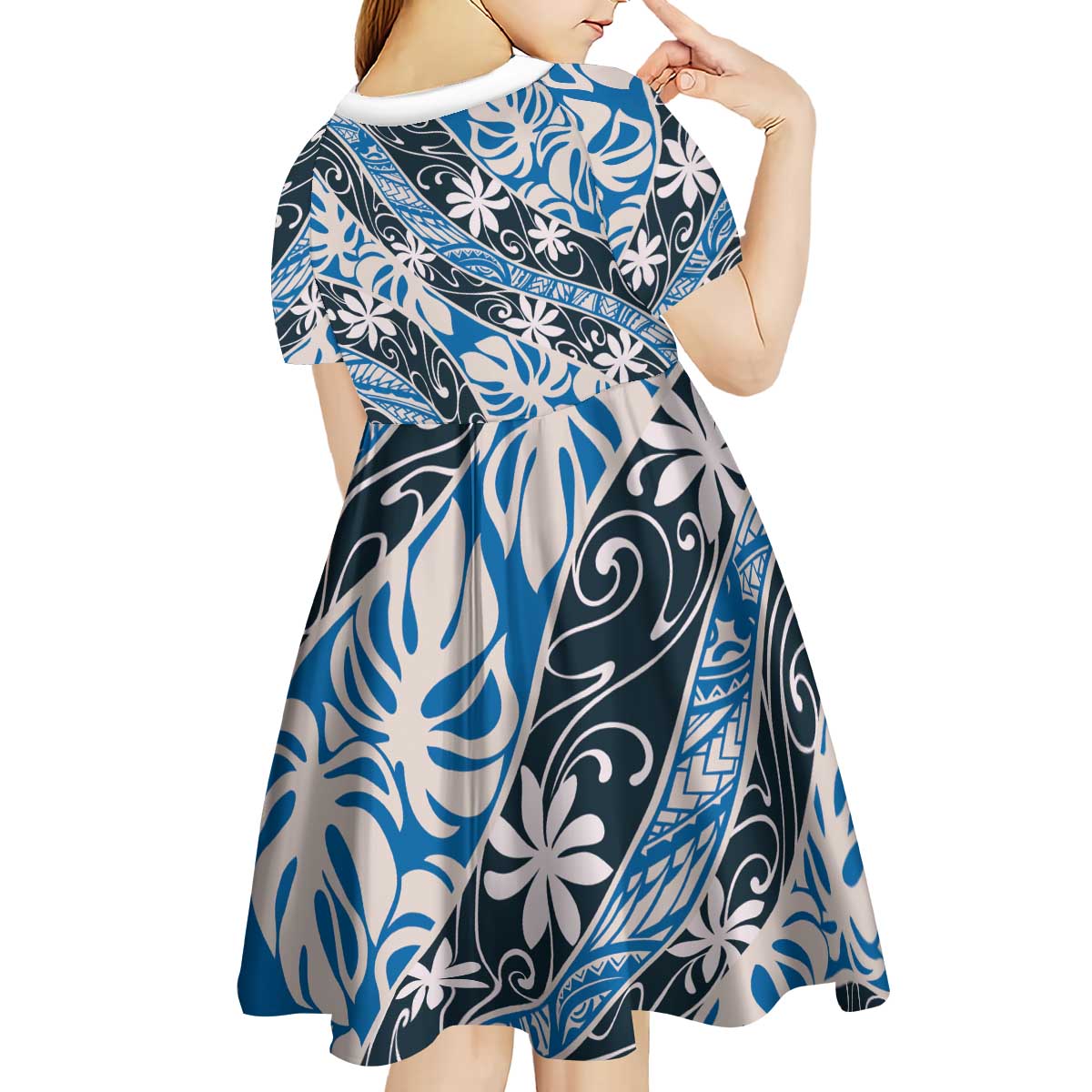 Ninamu Tahiti Tiare Monstera Kid Short Sleeve Dress Polynesian Pattern Curve Style - Polynesian Pride