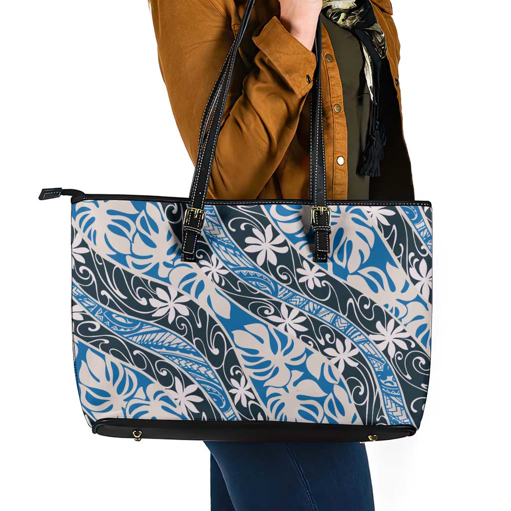 Ninamu Tahiti Tiare Monstera Leather Tote Bag Polynesian Pattern Curve Style - Polynesian Pride