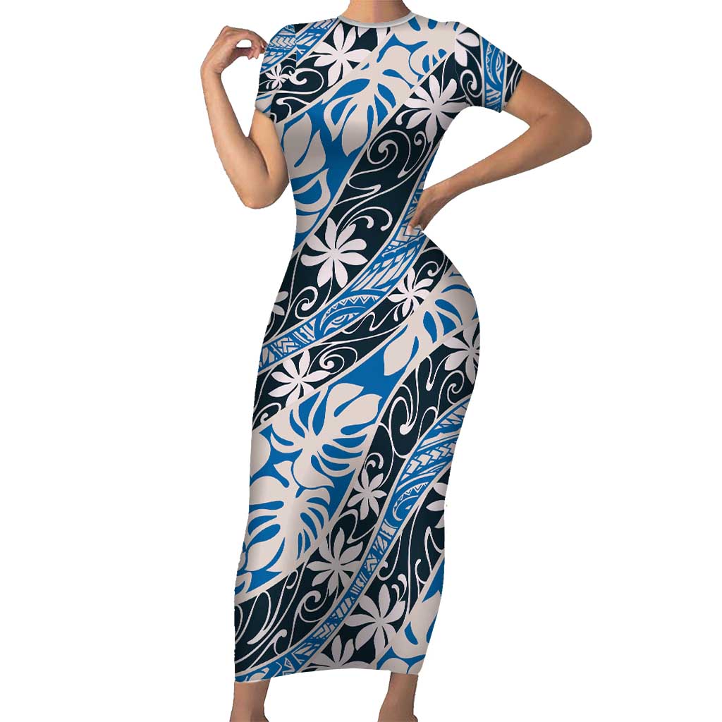 Ninamu Tahiti Tiare Monstera Short Sleeve Bodycon Dress Polynesian Pattern Curve Style - Polynesian Pride