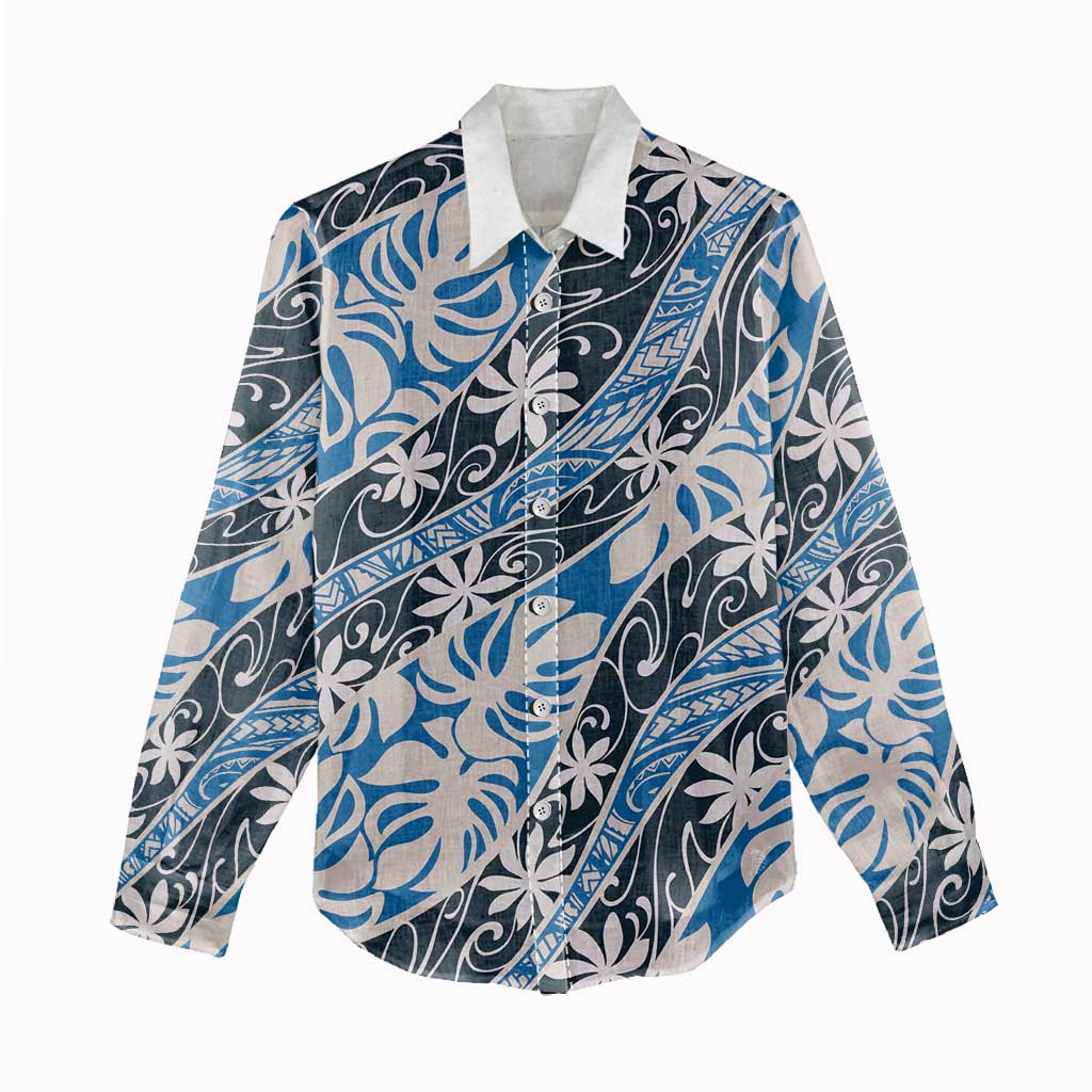 Ninamu Tahiti Tiare Monstera Women Casual Shirt Polynesian Pattern Curve Style - Polynesian Pride