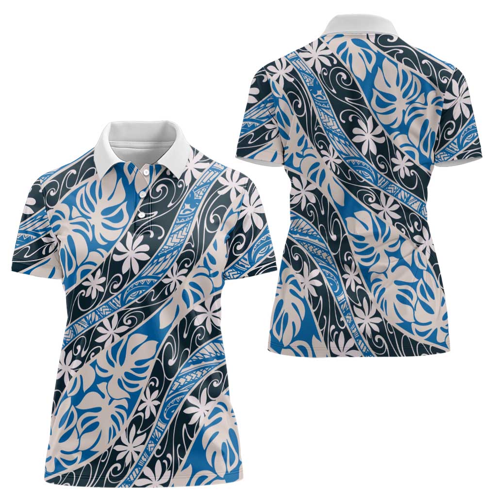 Ninamu Tahiti Tiare Monstera Women Polo Shirt Polynesian Pattern Curve Style - Polynesian Pride
