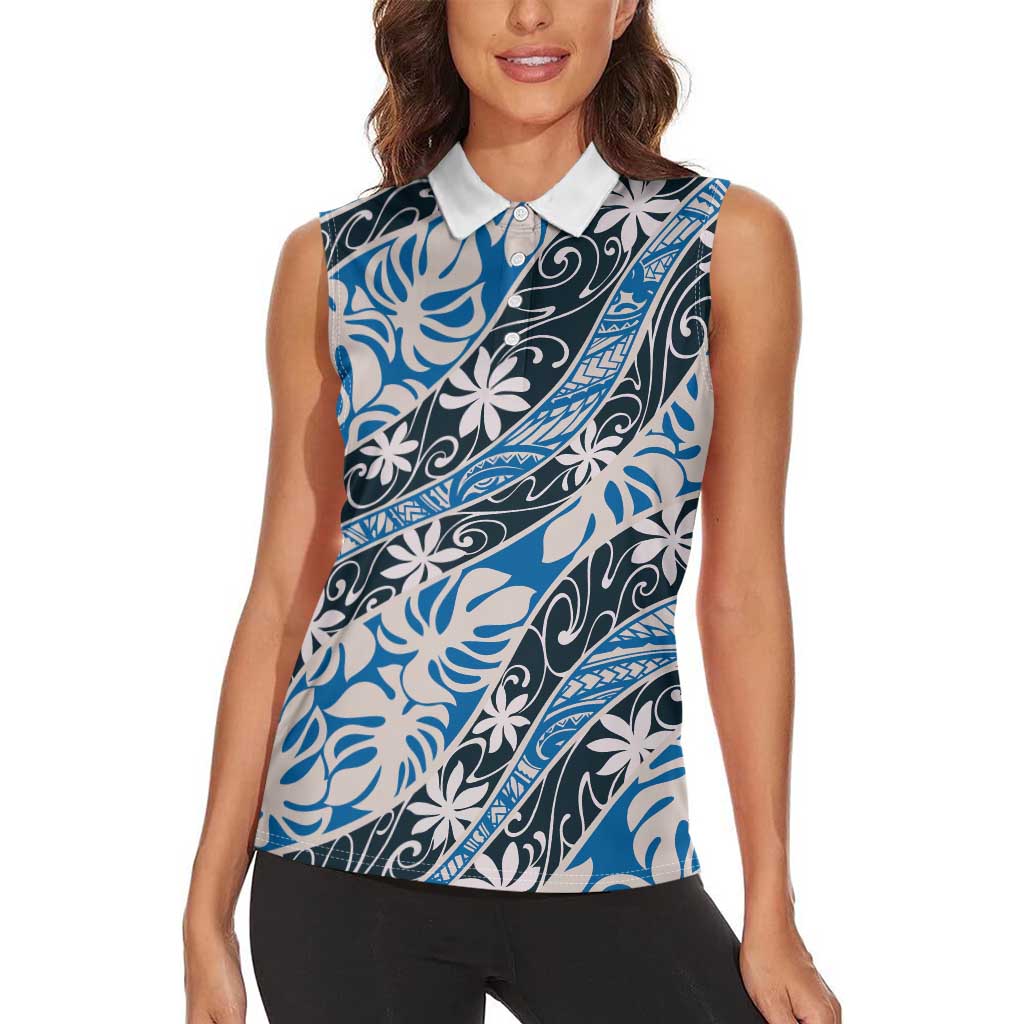 Ninamu Tahiti Tiare Monstera Women Sleeveless Polo Shirt Polynesian Pattern Curve Style - Polynesian Pride