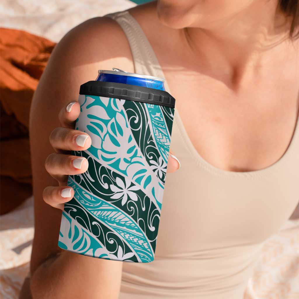Cyan Tahiti Tiare Monstera 4 in 1 Can Cooler Tumbler Polynesian Pattern Curve Style - Polynesian Pride