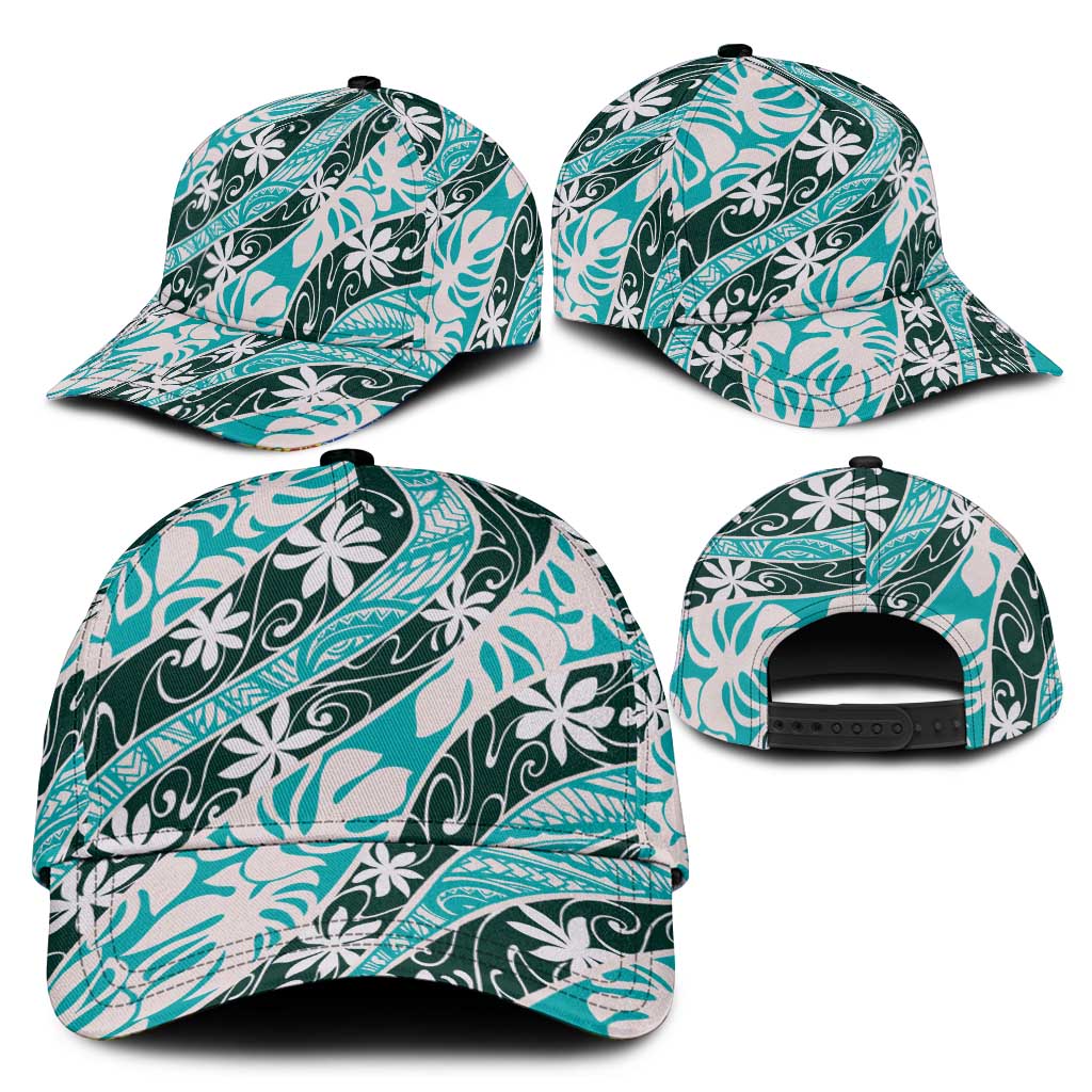 Cyan Tahiti Tiare Monstera Classic Cap Polynesian Pattern Curve Style - Polynesian Pride